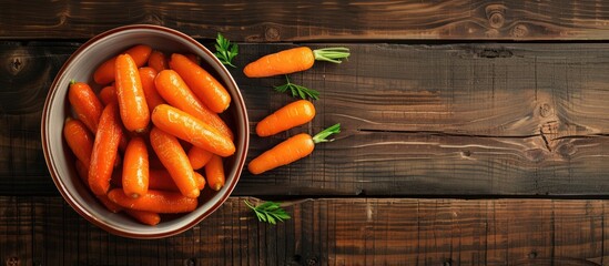 Poster - Top view of baby carrots with sauce on a wooden table allowing for text in the copy space image