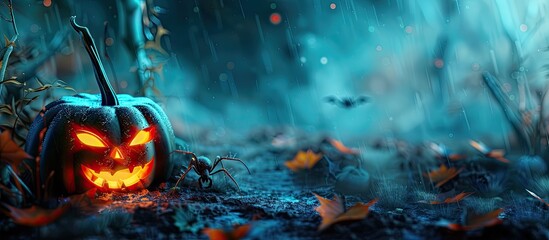 Fototapete - A spooky Halloween themed background featuring pumpkins spiders and a Jack o lantern on a blue backdrop perfect for adding text with copy space image