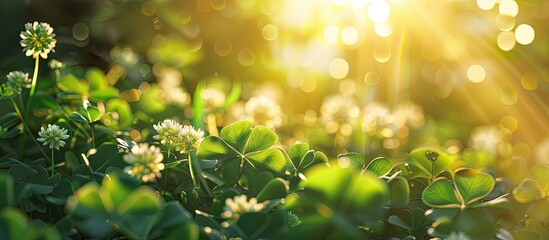 Aufkleber - A serene summer scene with green leaves and a white flower in the soft evening sunlight perfect for a copy space image