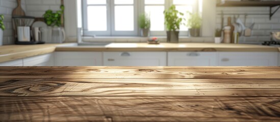 Fototapete - Table top made of wood offering a blank area for showcasing products against a blurred and well lit kitchen background ideal for a copy space image