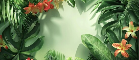 Leinwandbilder - A light green background adorned with tropical leaves and flowers creates a summer themed copy space image