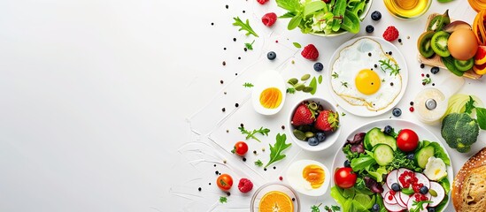Aufkleber - Flat lay composition of a breakfast spread including fruits salad egg bread vegetables cheese and berries with a spacious area for additional text or graphics