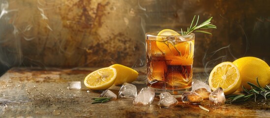 Aufkleber - Fresh and refreshing iced tea or cocktail adorned with ice rosemary sprigs and lemon slices resting on a vintage brown table ideal for a copy space image