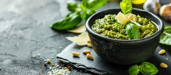 On a black table there is a bowl of delicious pesto sauce with pine nuts cheese and basil providing a copy space image