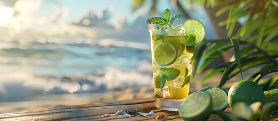 Aufkleber - Selective focus image of a classic mojito cocktail made with rum lime and fresh mint on a wooden surface set against a blurred beach background with copy space