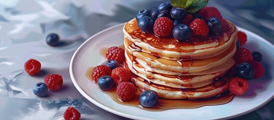 Aufkleber - White table with a plate of tasty pancakes and fresh berries with copy space image available