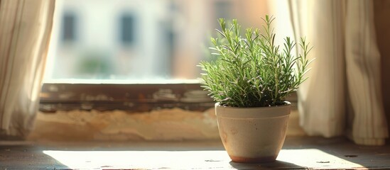 Poster - A fragrant rosemary plant in a pot by a window with copy space image
