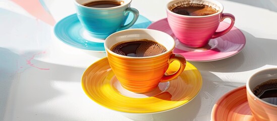 Fototapete - Turkish coffee cups in a colorful setting against a white background with minimal style and available copy space image