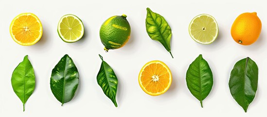 Aufkleber - Set of green leaves from various citrus fruits isolated on a white background with copy space image