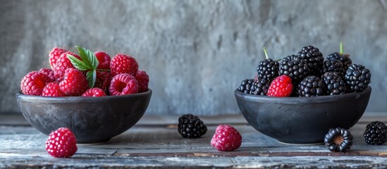 Poster - Black raspberries arranged in a bowl on the left with a gray wooden table background on the right offering ample copy space image