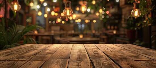 Fototapete - A spotless wooden table takes center stage in a vibrant restaurant setting at night providing a perfect copy space image for food promotions or exhibits