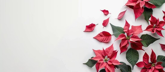Aufkleber - Red and pink poinsettia flowers arranged on a white surface with room for text suitable as a copy space image for Christmas decorations