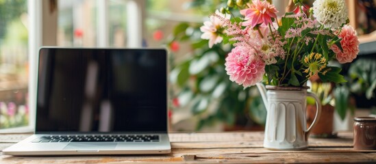 Aufkleber - An open laptop with a clean screen sits on a wooden desk in a modern office accompanied by a vibrant bouquet of flowers creating an inviting copy space image