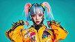 © Svetlana Kolpakova - young woman with colorful hair styled in pigtails, wearing a punk-inspired outfit with spiked accessories and an intense expression, set against a bright teal background