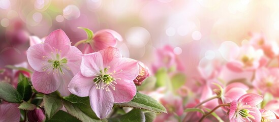 Sticker - Spring bloom of pink hellebore flowers with a natural wildflower backdrop creates a scenic setting for text or other elements in the image. Creative banner. Copyspace image