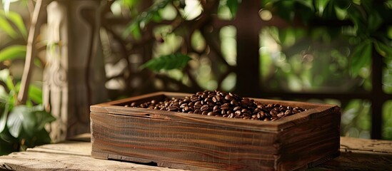 Poster - Wooden box containing coffee beans with copy space image