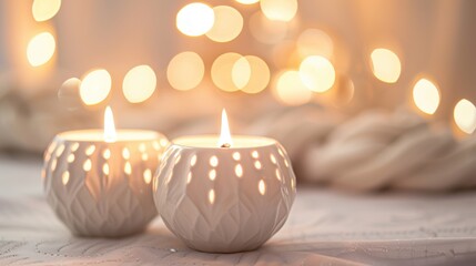 Two white ceramic candle holders softly illuminate the space, creating a warm and inviting ambiance with a blurred bokeh effect