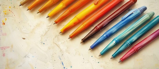 Poster - Vibrant pens displayed on a textured beige surface with ample copy space image