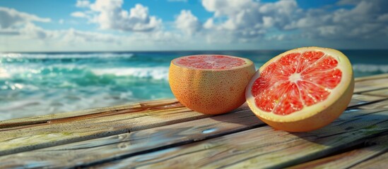 Wall Mural - Fresh grapefruit halves on a wooden table with a scenic sea and sky background for a copy space image