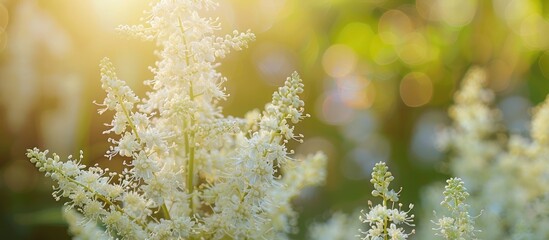 Poster - Close up of white meadowsweet flowers on a meadow in summer with a green botanical backdrop suitable as a copy space image for medical plant related content