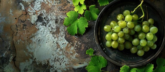 Poster - Plate with juicy green grapes and foliage on weathered grunge background perfect as a copy space image