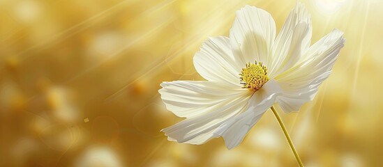 Fototapete - Fresh ecology concept with a close up soft Cosmos flower on a yellow background ideal for wallpaper and copy space image