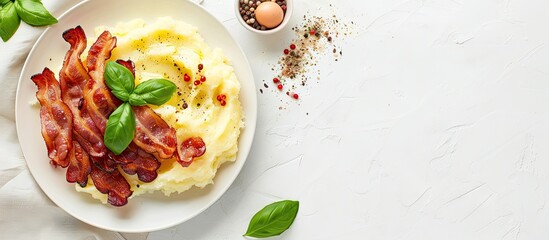 Poster - White table with fried bacon mashed potato and basil with ample copy space image