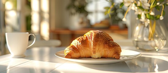 Canvas Print - Croissant pastry displayed on a white table in a bright and inviting setting ideal for recipes articles catalogs or commercial use with available copy space image