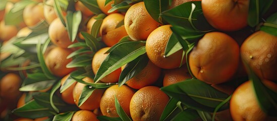 Poster - A close up view of a stack of fresh oranges in a market stall with lush green leaves peeking through creating an inviting copy space image