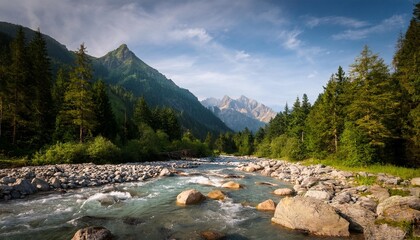 Wall Mural - a rocky mountain river flows through the forest on the background of mountains eco nature landscape with mountains forest and a river in front beautiful scenery generative ai