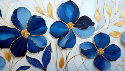 Canvas Print - abstract oil painting blue petals flowers with golden lines