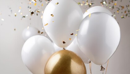 Wall Mural - realistic white balloons inflated with helium and sparkling gold confetti for festive parties