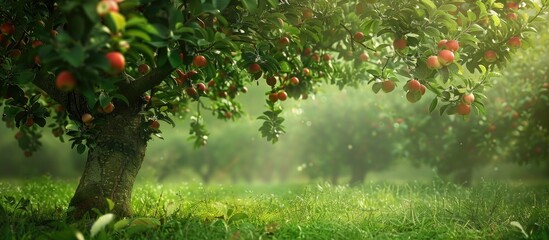 Aufkleber - Organic apple tree in a lush orchard with a green copy space image