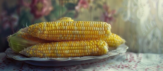 Aufkleber - Corn cobs arranged on a plate with space for text or images. Creative banner. Copyspace image