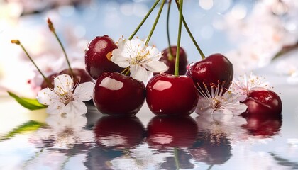 Wall Mural - illustration of delicious cherries decorated with cherry blossoms and splashes of water reflecting on the surface generative ai