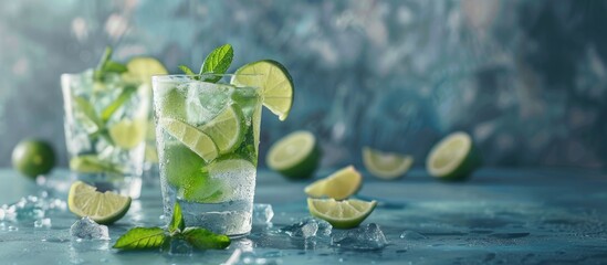 Aufkleber - Fresh Mojito cocktails garnished with lime and mint placed on a grey table with ample copy space image