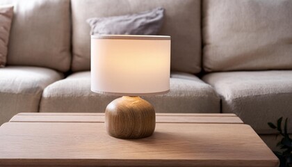 Poster - nordic lamp on a wooden table near sofa in front of beige sofa