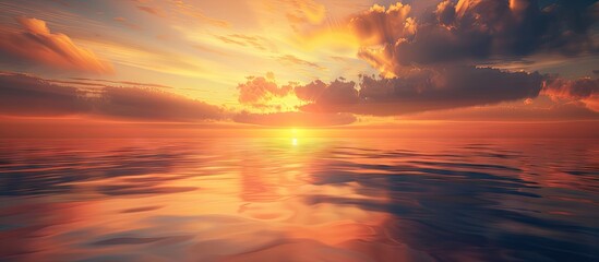 Poster - Tranquil scene at sunset a beautiful orange sky with dark cloud streaks ideal for copy space image
