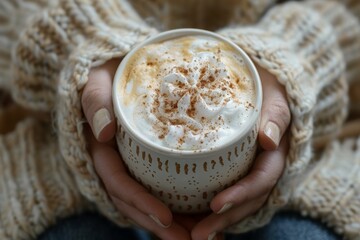 Young woman's hands holding pumpkin spice latte topped with whipped cream and cinnamon, concept of autumn comfort and warmth