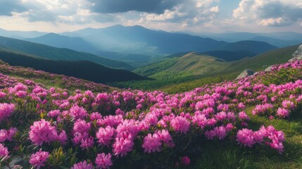 Wall Mural - Picturesque nature backdrop with vibrant pink rhododendron blooms in the Carpathian mountains, Ukraine.