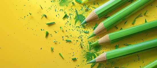 Poster - Close up of green pencils and shavings on a yellow background with copy space image
