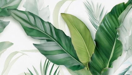 Wall Mural - green tropical leaves banana and palm leaf colorful modern wallpaper watercolor effect minimal design trend mural art