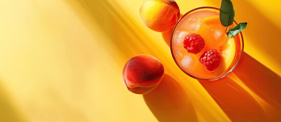 Aufkleber - Top view of a glass with a cocktail or mocktail garnished with a peach half and whole fruit on a yellow backdrop perfect for a summer drink with copy space image