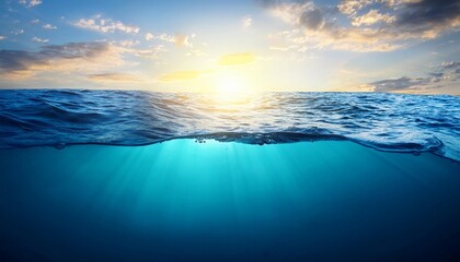 Wall Mural - blue sea or ocean water surface and underwater against sunset