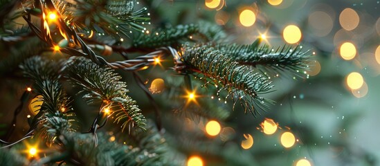Poster - A festive Christmas tree branch with twinkling yellow lights on garlands creates a merry holiday atmosphere in a close up copy space image of street decorations
