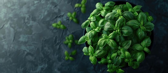 Aufkleber - Closeup of a healthy green basil plant in a pot on a dark background perfect for indoor gardening ideal for fresh home cooking with top view for added detail Ideal for copy space image