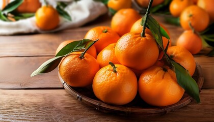 Wall Mural - fresh mandarin oranges or tangerines on wooden table