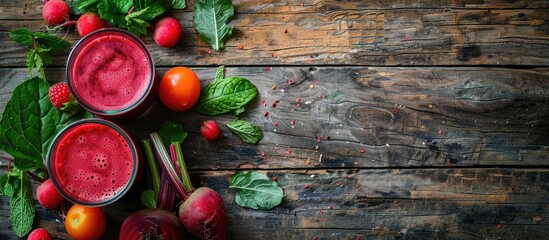 Aufkleber - Flat lay composition with a glass of fresh beet juice ripe vegetables and mint displayed on a wooden table with ample copy space for text in the image