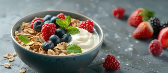 Sticker - Closeup shot of a bowl of delicious granola with yogurt and berries on a textured grey table perfect for including copy space image