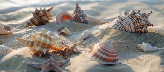 Assorted seashells scattered on the sandy beach creating a serene copy space image